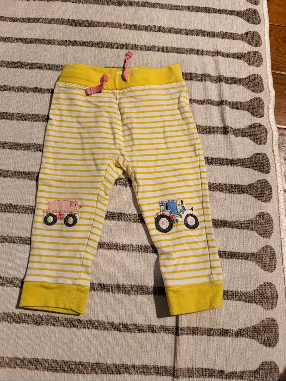 Baby Boden Yellow and White Striped Pajama Bottoms with Tractor and Pig Patches